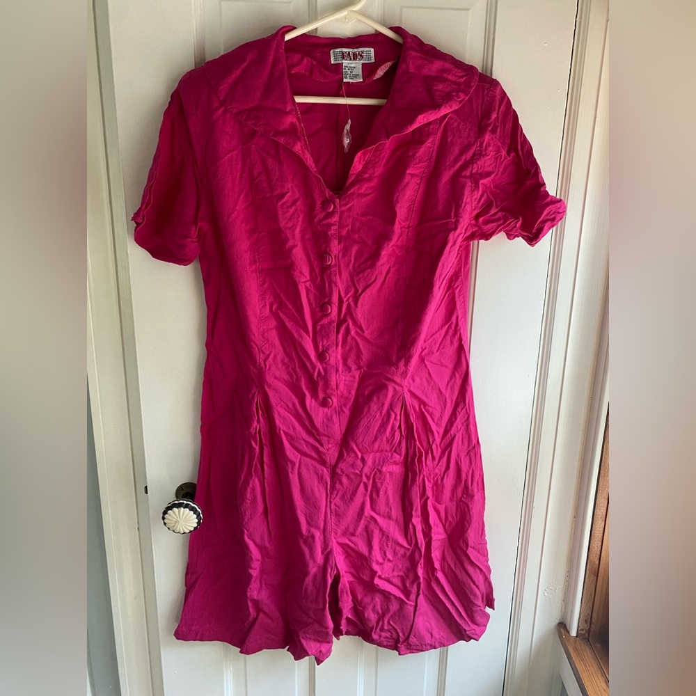 Adorable 90s pink romper with buttons, sailor collar, and shoulder pads